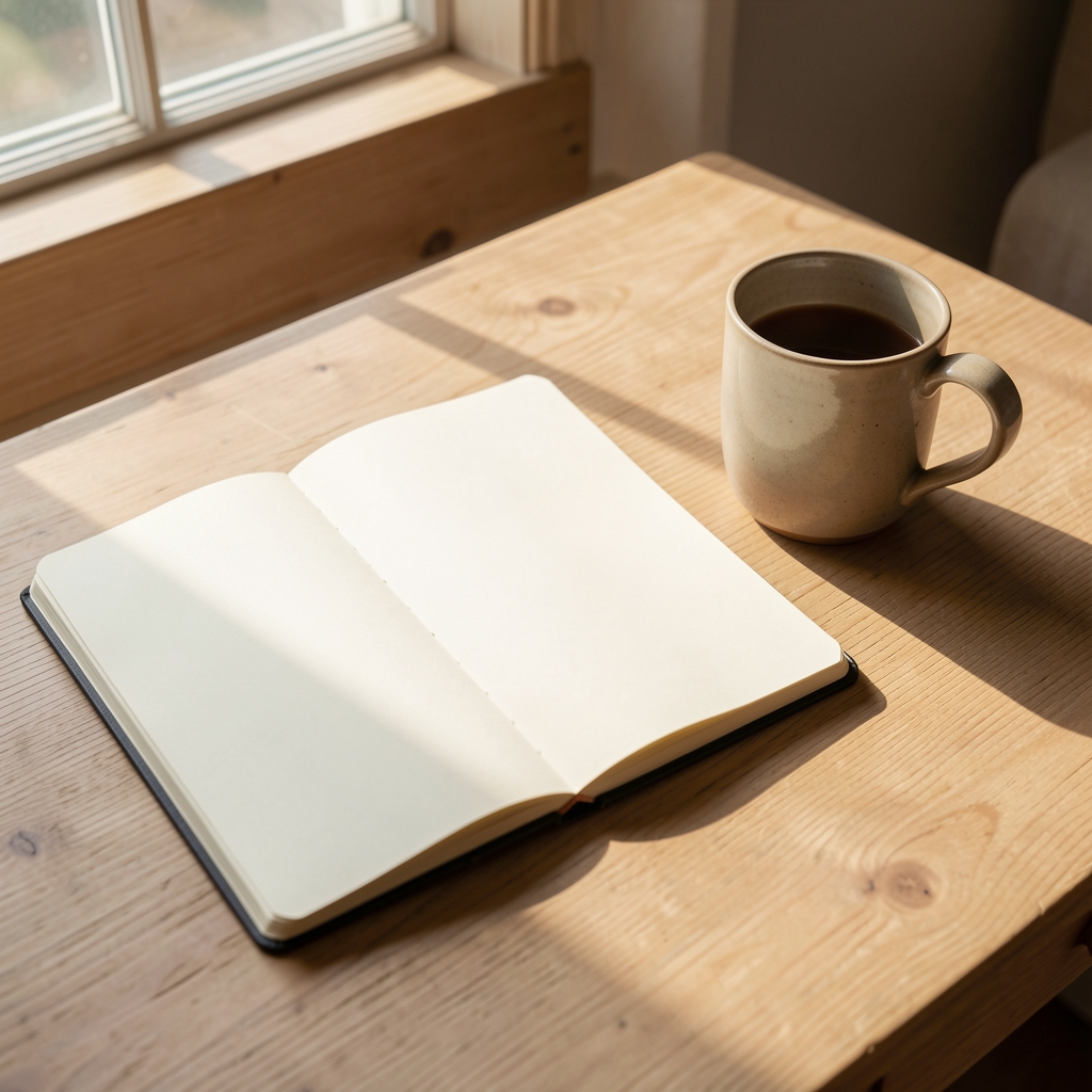 Nutritionist's editorial workspace with an open notebook, printed food logs and a glass bowl of fresh seasonal produce on a dark wooden desk