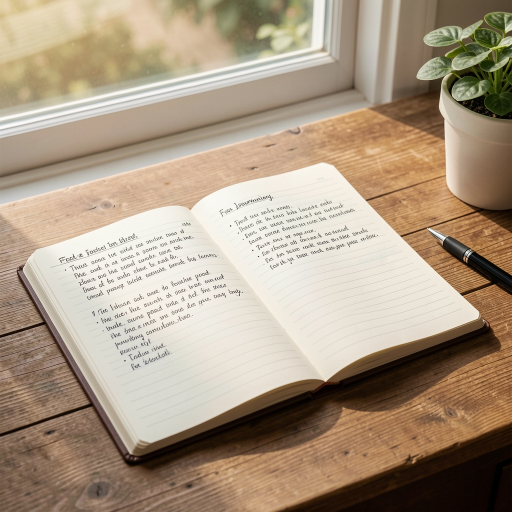 Notebook open on a wooden desk with handwritten food journalling entries, daylight through window