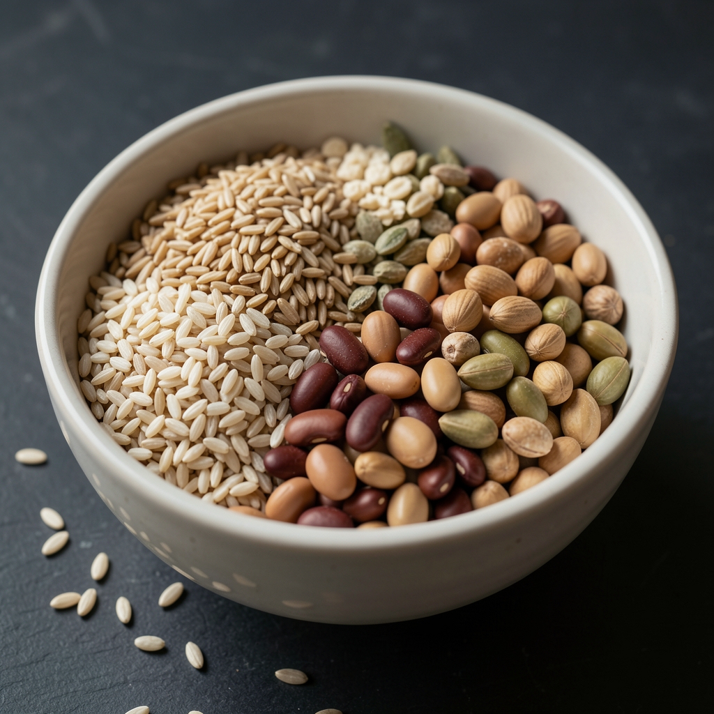 Bowl of whole foods including grains and legumes in natural light, editorial composition on dark surface