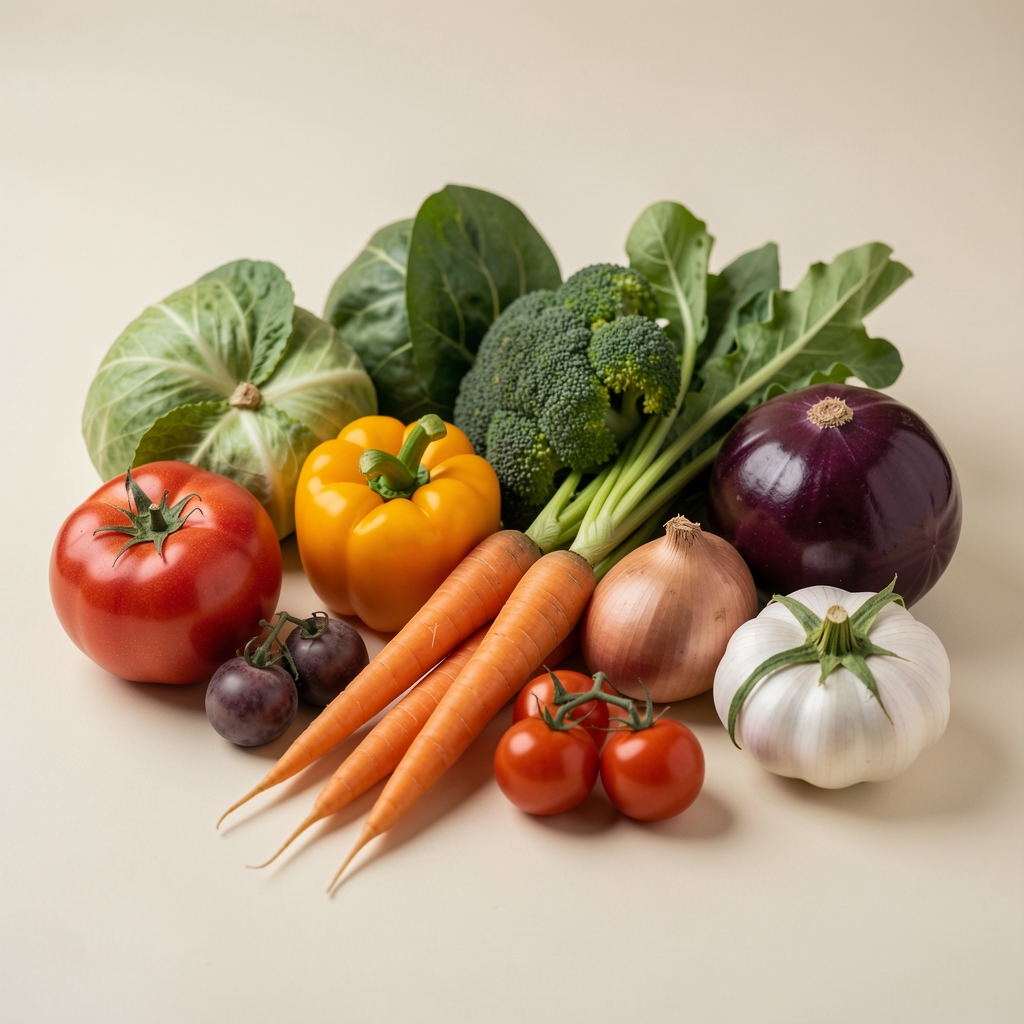 Overhead flat-lay of a wooden chopping board with colourful diced vegetables, whole grain bread and a small bowl of olive oil under bright natural light