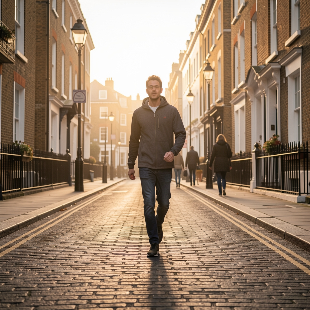Active morning walk along a quiet London street at dawn, person in motion captured from street level