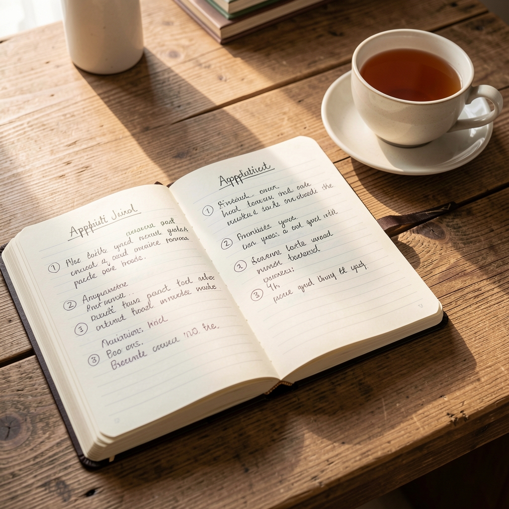 Notebook open on a wooden desk with handwritten appetite journal entries and a cup of tea, morning light