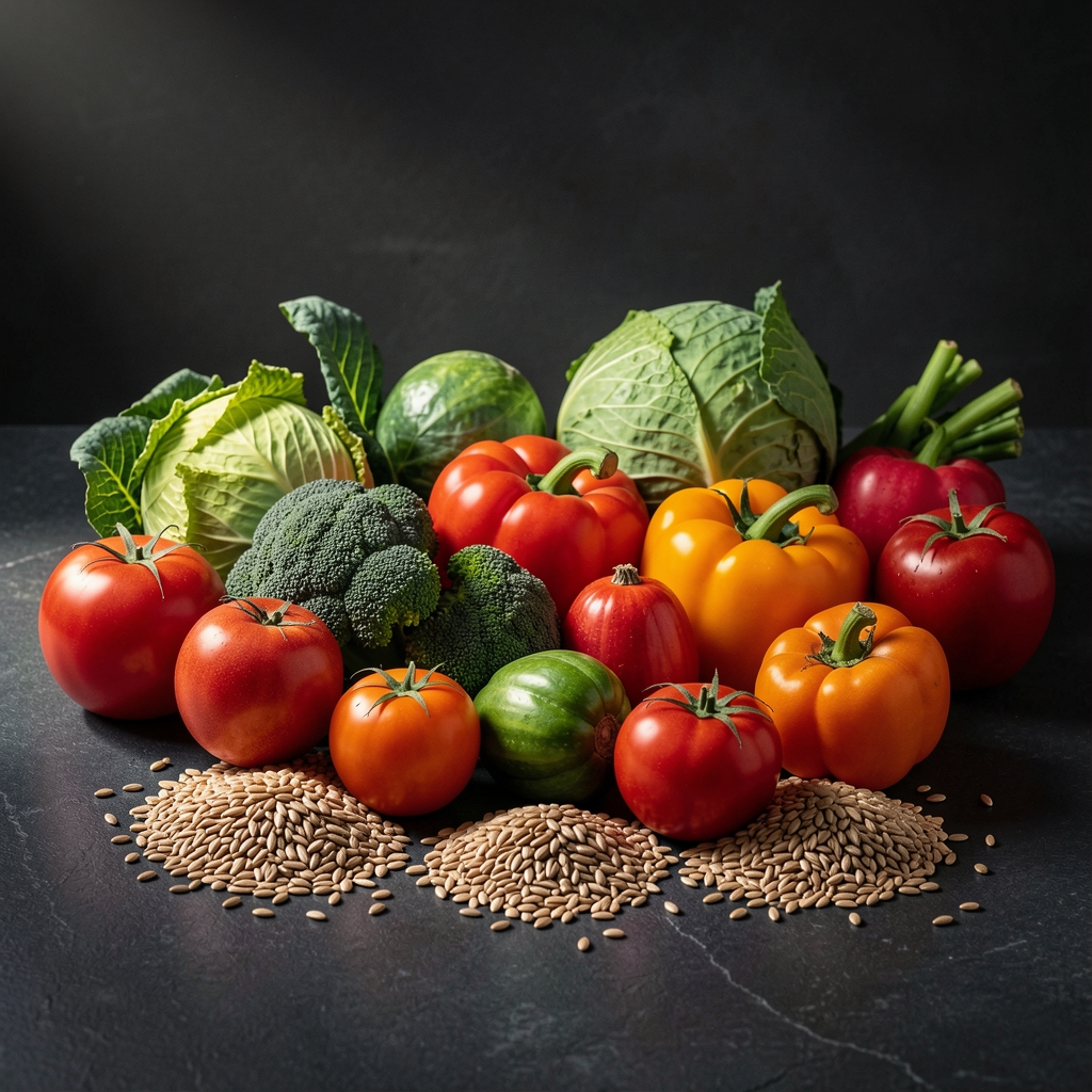 Colourful array of seasonal vegetables and whole grains on a dark kitchen surface under dramatic directional studio lighting